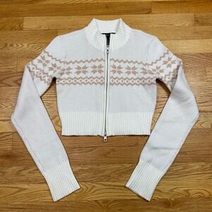 Fair Isle Cropped Sweater Women S White Tan Mock Neck Coquette Cotttage Y2K